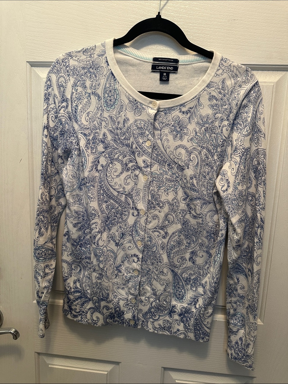 Lands' End 100% Supima Cotton White and Blue Paisley Button-Front Cardigan Med